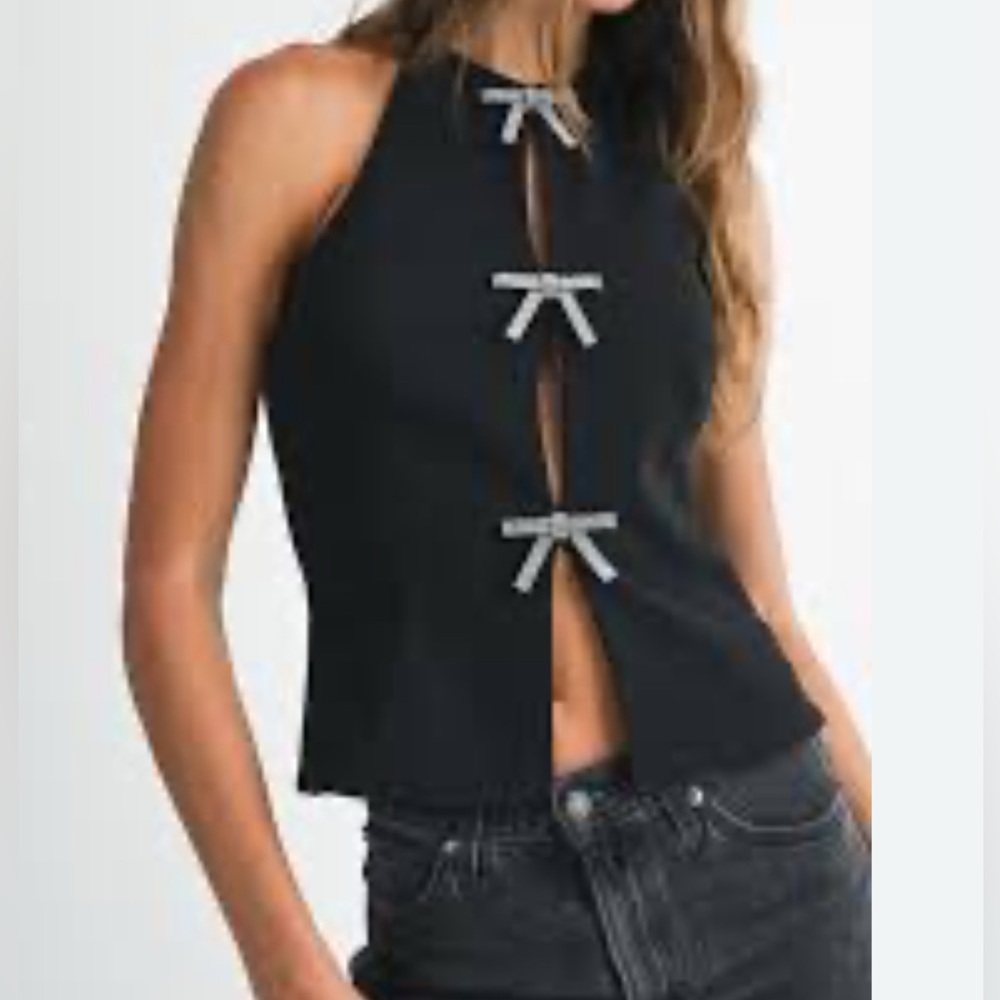 Zara Black Halter Top with Sparkly Rhinestone Bow Details - Picture 3 of 5